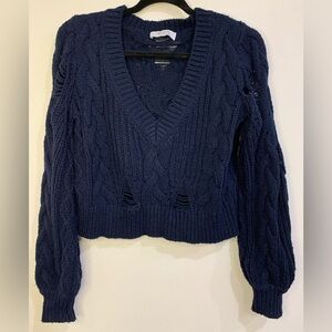 Distressed Chunky Navy Cable Knit V-Neck Sweater Size S  Grungy Edgy Casual Chic